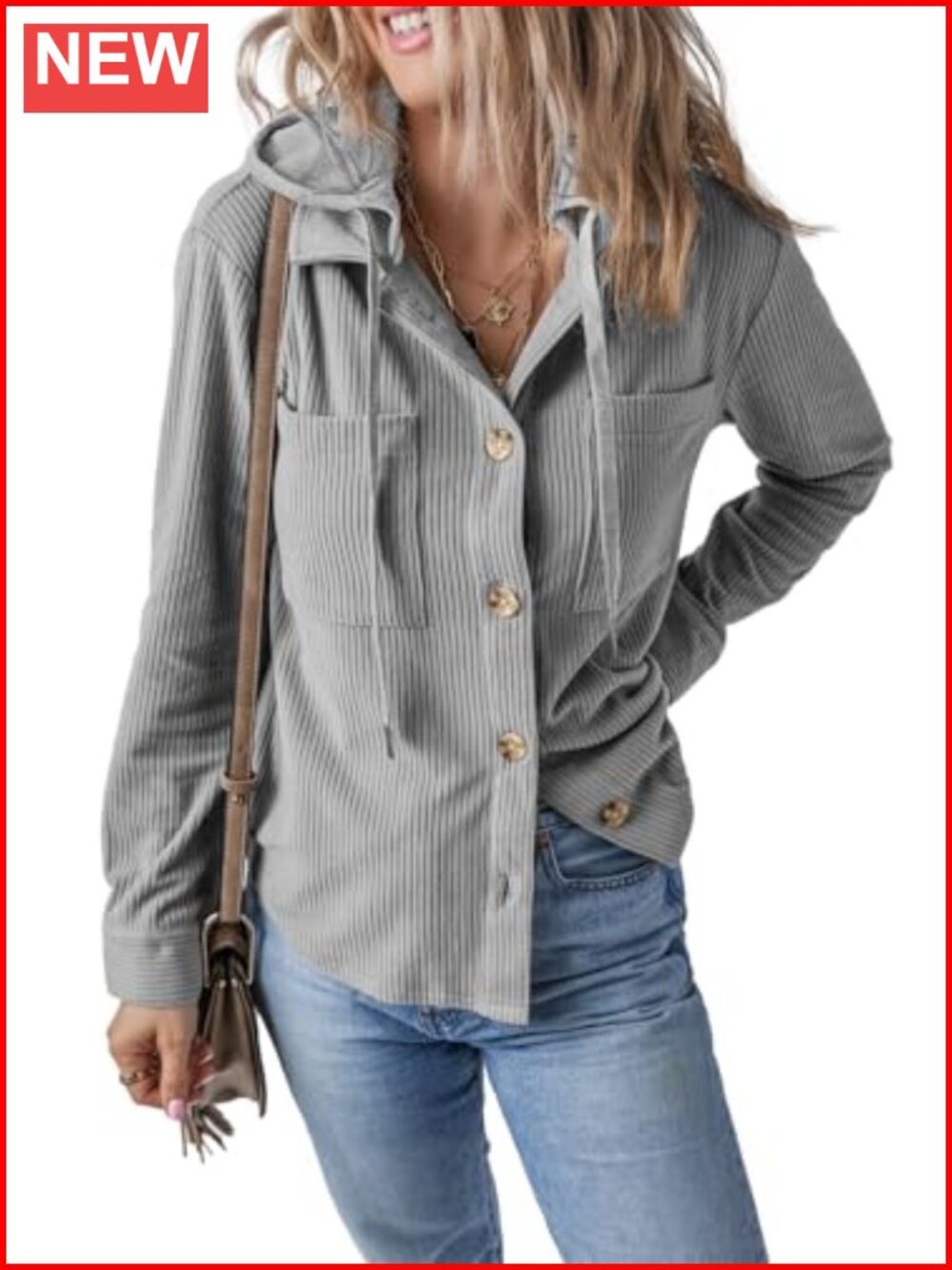 Women's Long Sleeve Corduroy Shacket Jacket Button Down Hooded Coat